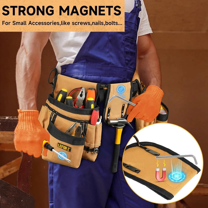 LEFORZ Tool Belt,Magnetic Tool Pouch,27-Pockets Heavy Duty Padded Tool Belts for Men,Detachable & Adjustable Tool Pouch Bag for Electrician,Carpenter,Construction,Work Apron,Utility Belt,Black,Brown - Image 4